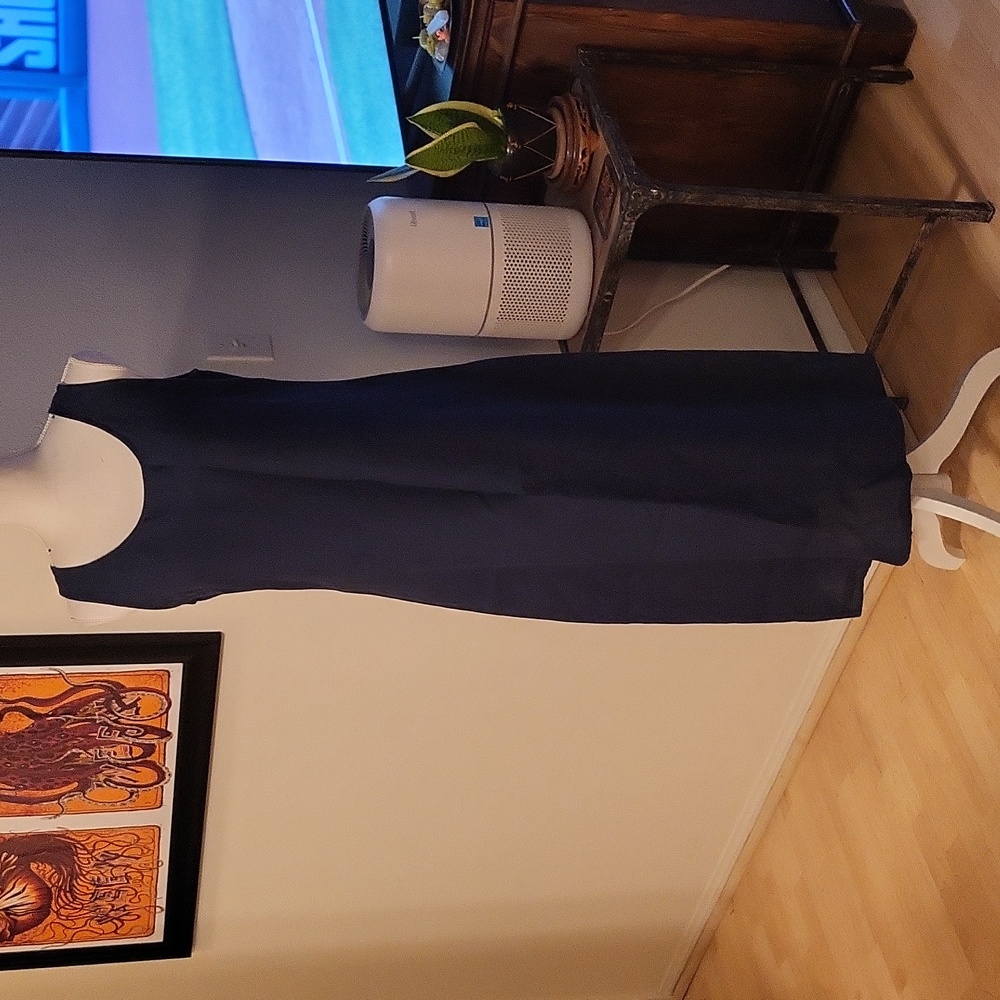 Vivid 100% Linen Navy Blue Sleeveless Maxi Dress Side Zipper